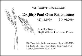 Traueranzeige von Jörg Paul Otto Rosenkranz von Mitteldeutsche Zeitung Köthen