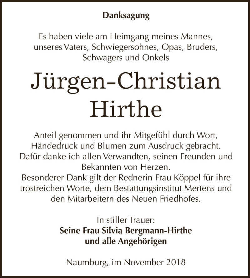 Traueranzeige für Jürgen-Christian Hirthe vom 07.11.2018 aus WVG - Wochenspiegel NMB / WSF / ZTZ