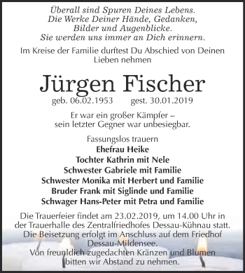 Traueranzeige von Jürgen Fischer von WVG - Wochenspiegel Dessau / Köthen