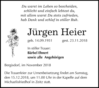 Traueranzeige von Jürgen Heier von Mitteldeutsche Zeitung Zeitz