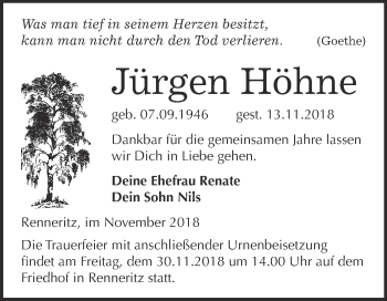 Traueranzeige von Jürgen Höhne von WVG - Wochenspiegel Bitterfeld
