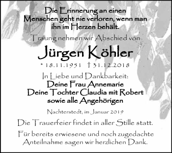 Traueranzeige von Jürgen Köhler von Super Sonntag Aschersleben