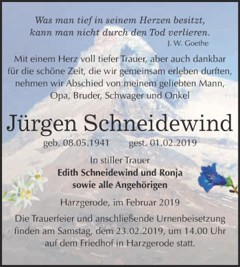 Traueranzeige von Jürgen Schneidewind von Super Sonntag Quedlinburg
