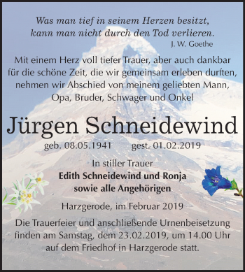 Traueranzeige von Jürgen Schneidewind von Mitteldeutsche Zeitung Quedlinburg