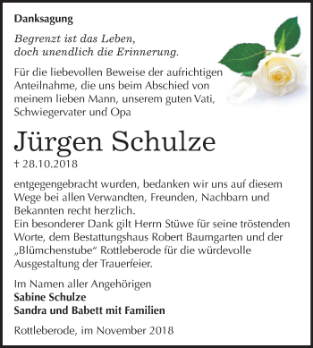 Traueranzeige von Jürgen Schulze von Mitteldeutsche Zeitung Sangerhausen