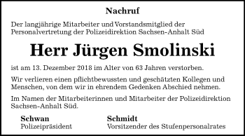 Traueranzeige von Jürgen Smolinski von Mitteldeutsche Zeitung Halle/Saalkreis