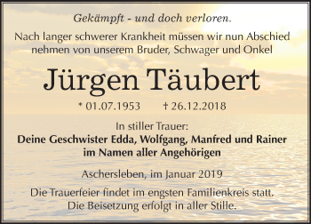 Traueranzeige von Jürgen Täubert von Mitteldeutsche Zeitung Aschersleben