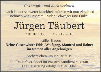 Traueranzeige von Jürgen Täubert von Super Sonntag Aschersleben