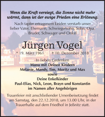 Traueranzeige von Jürgen Vogel von Mitteldeutsche Zeitung Bitterfeld