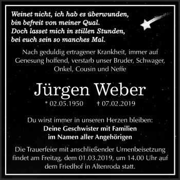 Traueranzeige von Jürgen Weber von WVG - Wochenspiegel NMB / WSF / ZTZ
