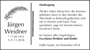 Traueranzeige von Jürgen Weidner von Mitteldeutsche Zeitung Halle/Saalkreis