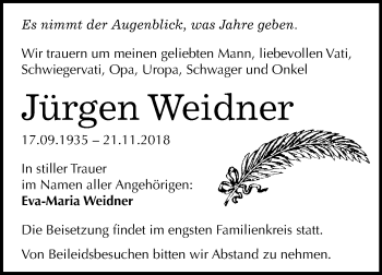 Traueranzeige von Jürgen Weidner von Mitteldeutsche Zeitung Halle/Saalkreis