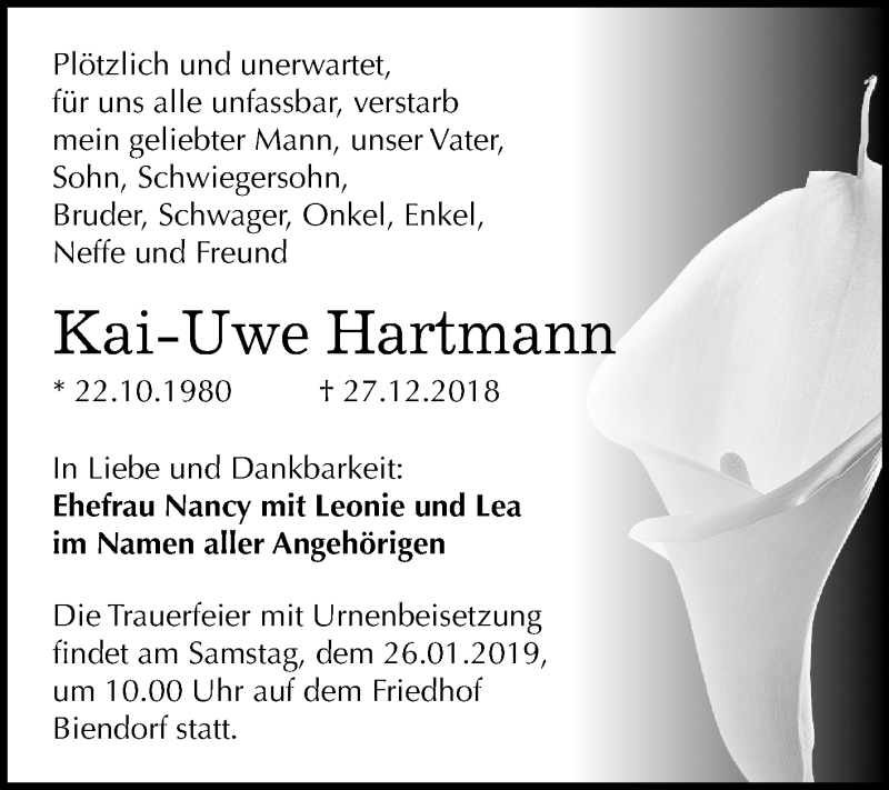  Traueranzeige für Kai-Uwe Hartmann vom 12.01.2019 aus Mitteldeutsche Zeitung Bernburg