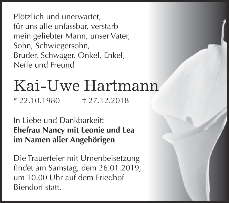  Traueranzeige für Kai-Uwe Hartmann vom 07.01.2019 aus Super Sonntag Bernburg