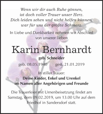 Traueranzeige von Karin Bernhardt von WVG - Wochenspiegel Bitterfeld