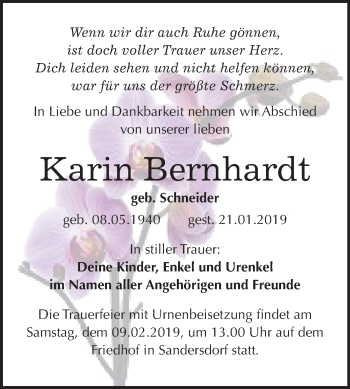 Traueranzeige von Karin Bernhardt von Mitteldeutsche Zeitung Bitterfeld