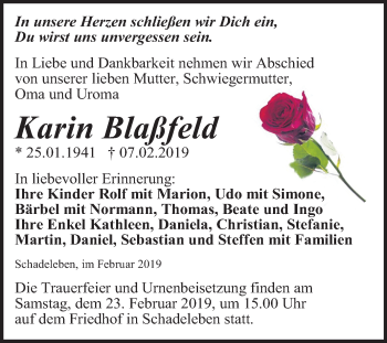 Traueranzeige von Karin Blaßfeld von Mitteldeutsche Zeitung Aschersleben