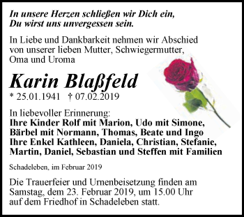 Traueranzeige von Karin Blaßfeld von Super Sonntag Aschersleben
