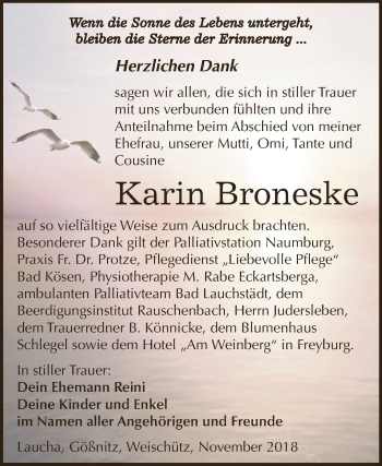 Traueranzeige von Karin Broneske von WVG - Wochenspiegel NMB / WSF / ZTZ