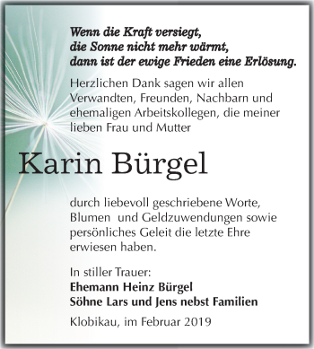 Traueranzeige von Karin Bürgel von Mitteldeutsche Zeitung Merseburg/Querfurt