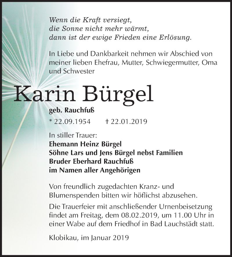  Traueranzeige für Karin Bürgel vom 02.02.2019 aus Mitteldeutsche Zeitung