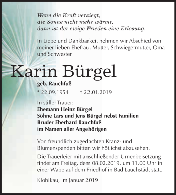 Traueranzeige von Karin Bürgel von WVG - Wochenspiegel Merseburg