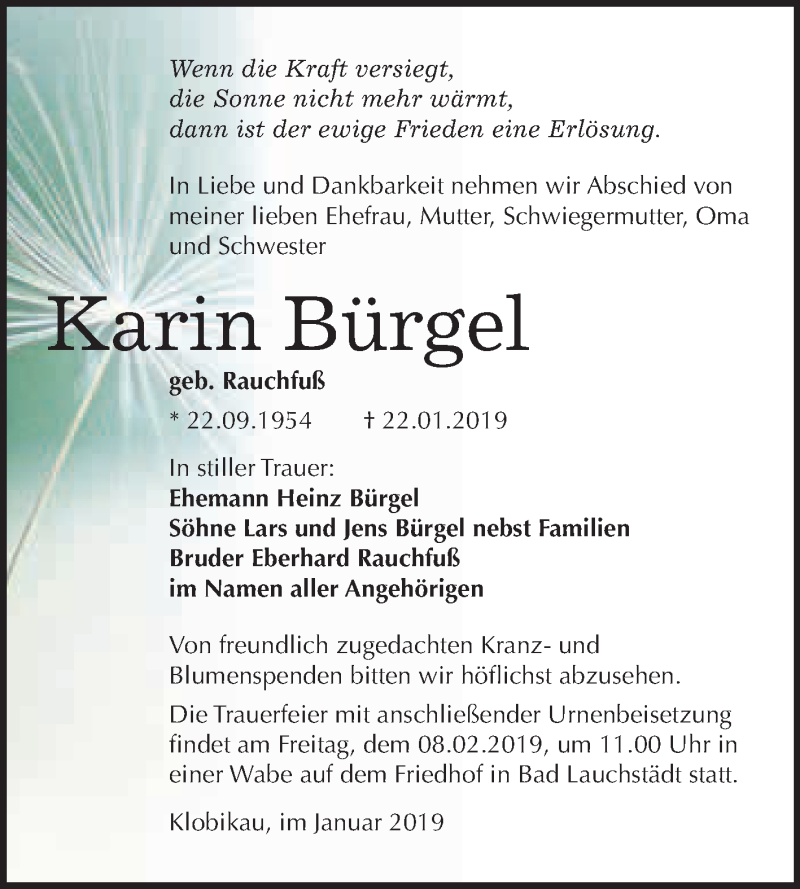  Traueranzeige für Karin Bürgel vom 02.02.2019 aus WVG - Wochenspiegel Merseburg