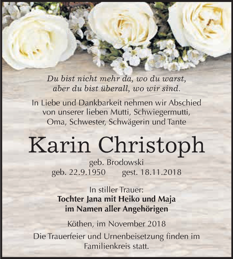  Traueranzeige für Karin Christoph vom 24.11.2018 aus WVG - Wochenspiegel Dessau / Köthen
