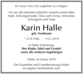 Traueranzeige von Karin Halle von Mitteldeutsche Zeitung Aschersleben