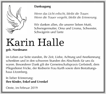 Traueranzeige von Karin Halle von Wochenspiegel Mansfelder Land
