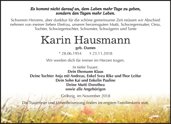 Traueranzeige von Karin Hausmann von Mitteldeutsche Zeitung Köthen