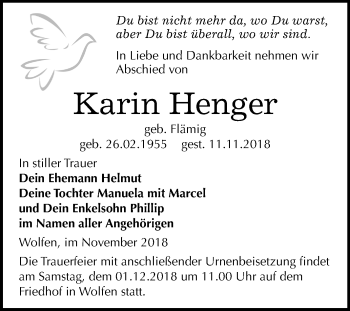Traueranzeige von Karin Henger von Mitteldeutsche Zeitung Bitterfeld