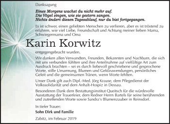 Traueranzeige von Karin Korwitz von WVG - Wochenspiegel Dessau / Köthen