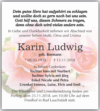 Traueranzeige von Karin Ludwig von WVG - Wochenspiegel Merseburg