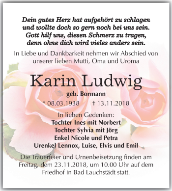 Traueranzeige von Karin Ludwig von Mitteldeutsche Zeitung Merseburg/Querfurt