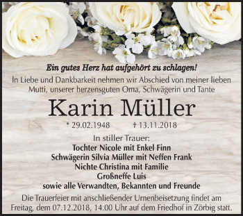 Traueranzeige von Karin Müller von Mitteldeutsche Zeitung Bitterfeld