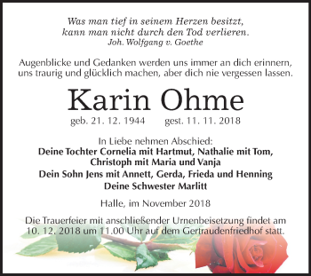 Traueranzeige von Karin Ohme von Mitteldeutsche Zeitung Halle/Saalkreis
