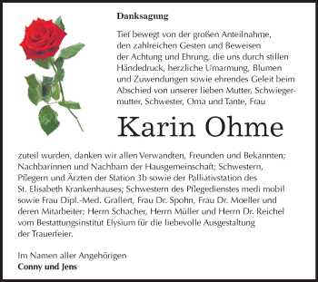 Traueranzeige von Karin Ohme von Mitteldeutsche Zeitung Halle/Saalkreis