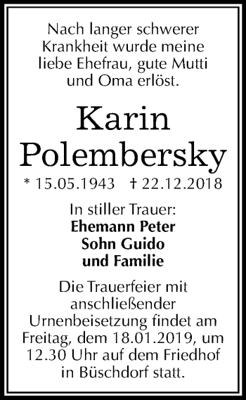 Traueranzeige von Karin Polembersky von Mitteldeutsche Zeitung Halle/Saalkreis