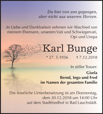 Traueranzeige von Karl Bunge von Mitteldeutsche Zeitung Merseburg/Querfurt
