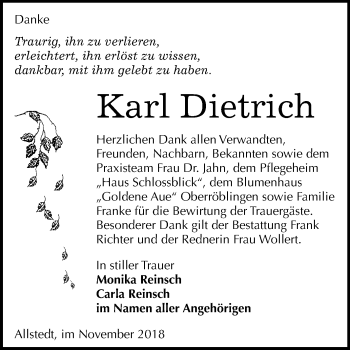 Traueranzeige von Karl Dietrich von Mitteldeutsche Zeitung Sangerhausen