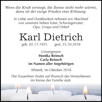 Traueranzeige von Karl Dietrich von Mitteldeutsche Zeitung Sangerhausen