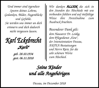 Traueranzeige von Karl Eckebrecht von Mitteldeutsche Zeitung Dessau-Roßlau