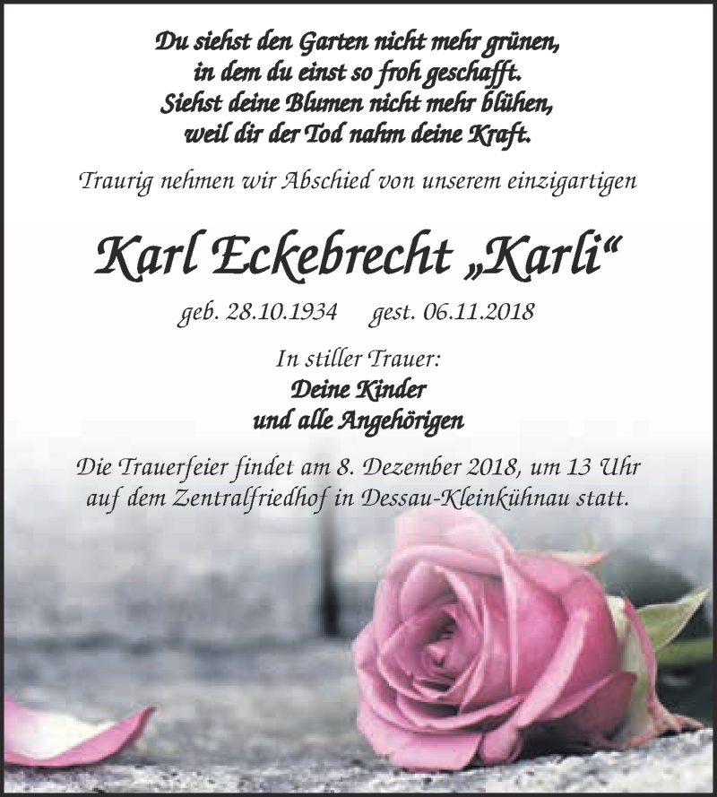  Traueranzeige für Karl Eckebrecht vom 24.11.2018 aus Super Sonntag Dessau / Köthen