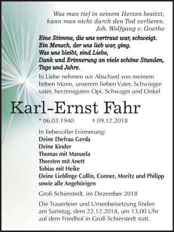 Traueranzeige von Karl-Ernst Fahr von Mitteldeutsche Zeitung Aschersleben