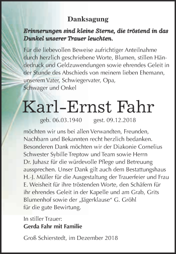 Traueranzeige von Karl-Ernst Fahr von Super Sonntag Aschersleben