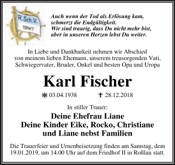 Traueranzeige von Karl Fischer von WVG - Wochenspiegel Dessau / Köthen