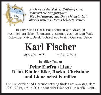 Traueranzeige von Karl Fischer von Mitteldeutsche Zeitung Dessau-Roßlau