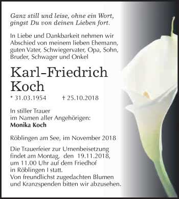 Traueranzeige von Karl-Friedrich Koch von Super Sonntag SGH Mansf. Land
