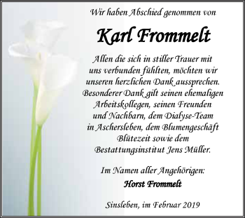 Traueranzeige von Karl Frommelt von Super Sonntag Aschersleben